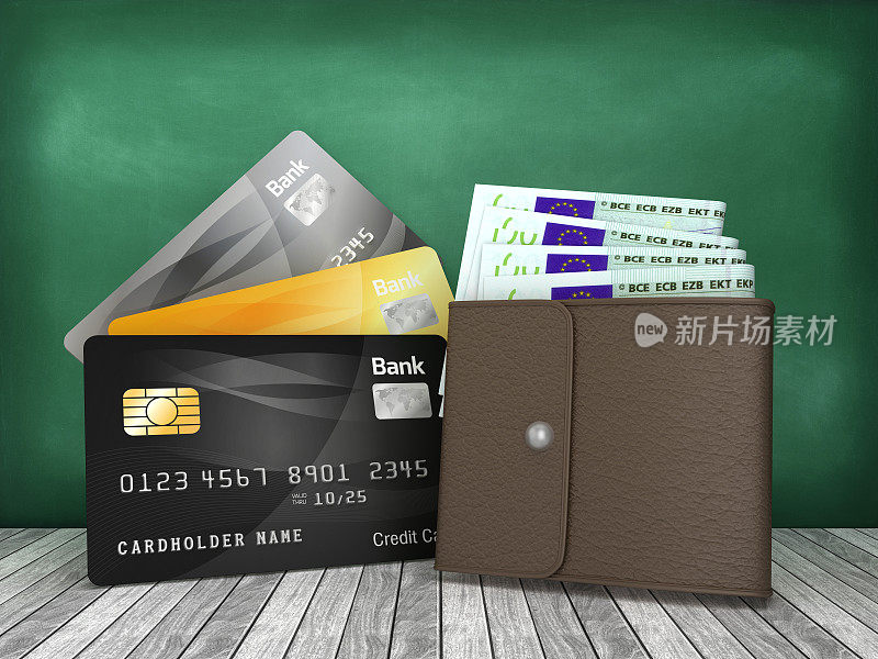 信用卡与欧元钞票钱包在黑板上- 3D渲染